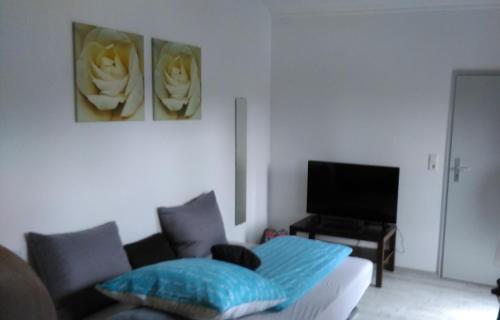 a living room with a couch and a flat screen tv at Wohlfühl-Appartement in Maierhöfen