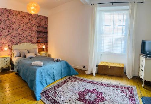 ein Schlafzimmer mit einem Bett, einem Fernseher und einem Fenster in der Unterkunft Old Town Centre Apartment 5 mins to Edinburgh Castle in Edinburgh