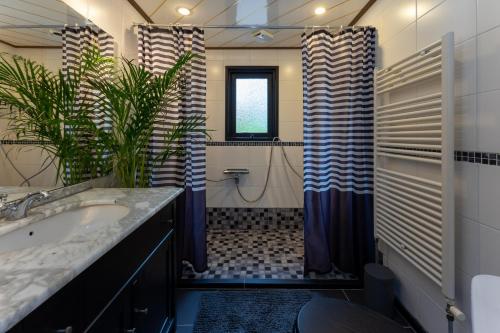 a bathroom with a sink and a shower with plants at Private Chalet Heppie People in Doornspijk