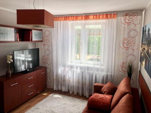 ein Wohnzimmer mit einem Sofa und einem Fenster in der Unterkunft Kwaterka Rosiczkowa in Augustów