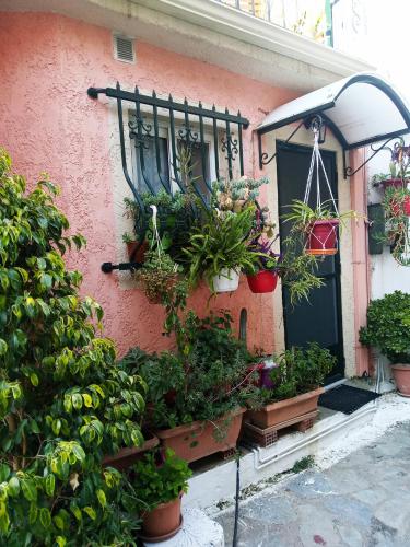 a pink house with potted plants on the side of it at Irene's loft in Ágios Matthaíos