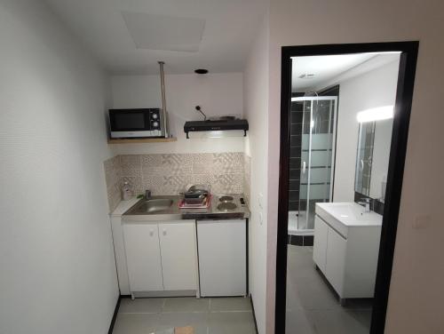 La cuisine est équipée de placards blancs, d'un lavabo et d'un miroir. dans l'établissement Alsace N°4, au Mans