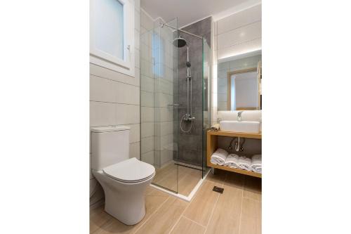 a bathroom with a toilet and a shower and a sink at Villa Vilenia Horizon by Villa Plus in Katastárion