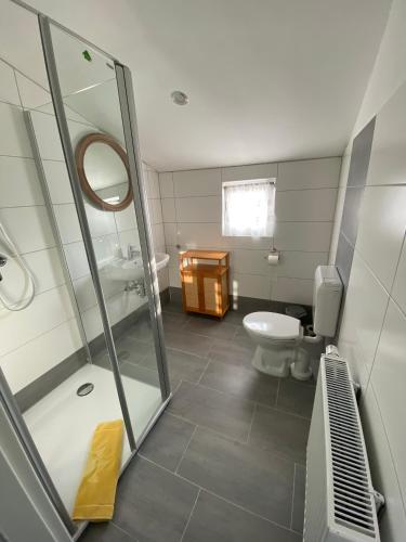 a bathroom with a shower and a sink and a toilet at Apartmenthaus Wesseln in Wesseln