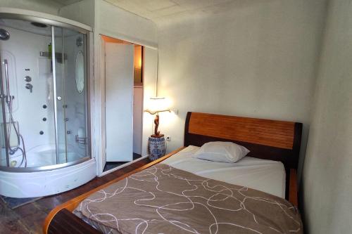1 dormitorio con 1 cama y baño con ducha en Le Doolie's Biarritz - Siquijor Habitación privada - Jardín - Salón en Biarritz