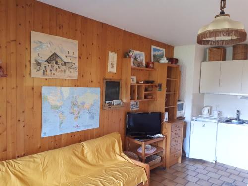 a living room with a couch and a kitchen at Studio belle vue sur les montagnes in Le Grand-Bornand