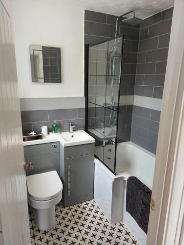 La salle de bains est pourvue de toilettes, d'une douche et d'un lavabo. dans l'établissement 1 Bedroom House with Garden and off road private parking, à Peterborough