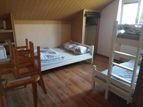 GrodziskoにあるNoclegi Lawendaのベッドとはしご付きの小さな部屋です。