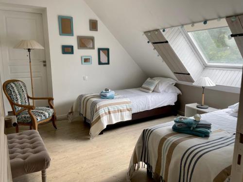 un dormitorio en el ático con 2 camas y una silla en Chambres d’Hôtes Les Rougemonts en Champguyon