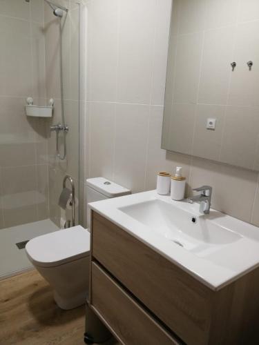 a bathroom with a sink and a toilet and a mirror at Apartamento paseo marítimo Camelle in Camelle