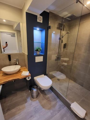 een badkamer met een douche, een toilet en een wastafel bij Liro Hotel Moers in Moers