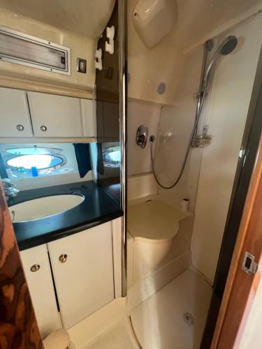 a small bathroom with a shower and a sink at White Eagle Cruises Mykonos in Mýkonos City
