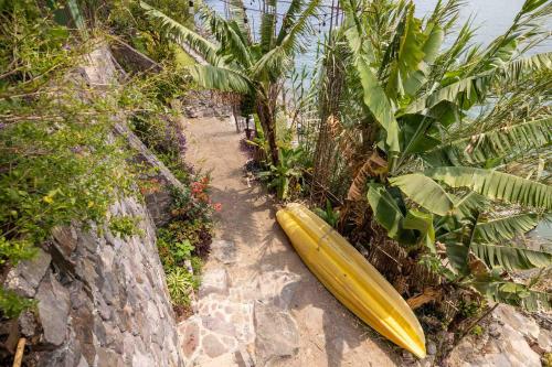 a yellow surfboard laying on the side of a beach at Baraka Atitlán in San Marcos La Laguna
