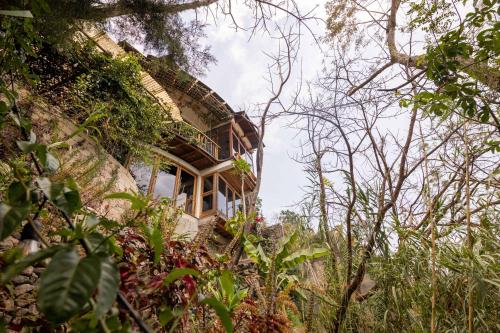 a house is seen through the trees at Baraka Atitlán in San Marcos La Laguna