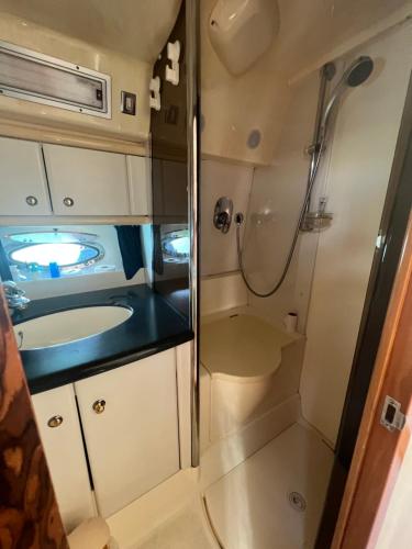 małą łazienkę z prysznicem i umywalką w obiekcie White Eagle Cruises w mieście Pefkochori