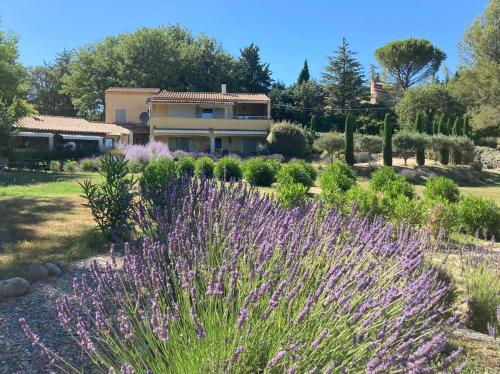 een tuin met paarse bloemen voor een huis bij Les Cerises in Saint-Saturnin-dʼApt