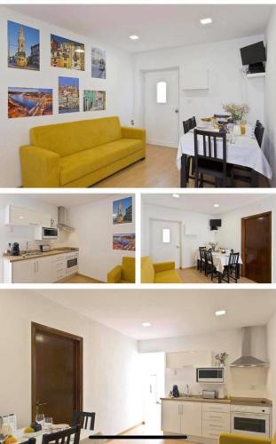 a living room and a kitchen with a yellow couch at CELLARS CENTER HOUSE in Vila Nova de Gaia
