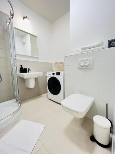 La salle de bains est pourvue de toilettes et d'un lave-linge. dans l'établissement A 102, apartments in the heart of the jewish quarter, à Budapest