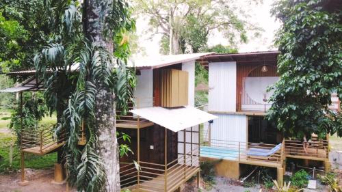 a house in the woods with a tree at The Mimosas - Beautiful Unique Container Homes with Pool in Hone Creek