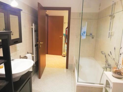 a bathroom with a shower and a tub and a sink at Luino - Scintilla di Lago in Luino