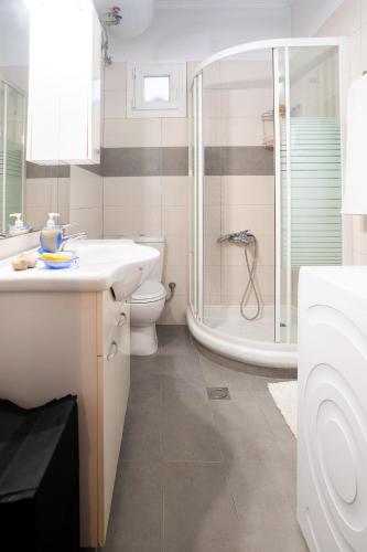 a bathroom with a shower and a toilet and a sink at Stavros summer house in Nea Fokea