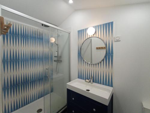 uma casa de banho com um lavatório, um chuveiro e um espelho. em Gîte d'Espinières em Orniac