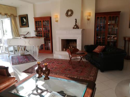 uma sala de estar com um piano e uma lareira em Πολυτελής κατοικία με θέα τον Θερμαϊκό em Tessalônica