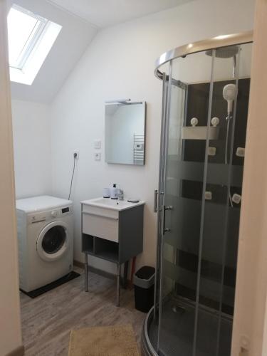 a bathroom with a shower and a sink and a washing machine at appartement neuf in Villers-Outréaux