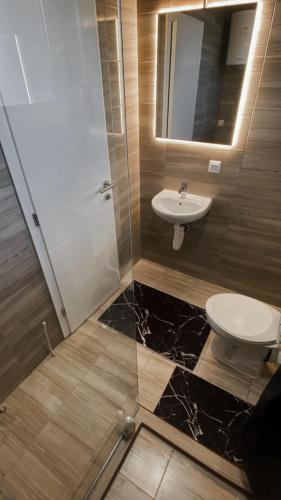łazienka z toaletą i umywalką w obiekcie Apartments Rakovac w mieście Živinice