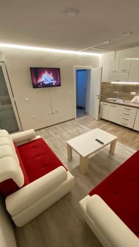 ein Wohnzimmer mit einem roten Sofa und einem Tisch in der Unterkunft Apartments Rakovac in Živinice