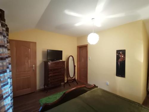 Zimmer mit einem Bett, einem Spiegel und einem TV in der Unterkunft Apartmani Vojinović in Sjenica