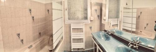 une salle de bain avec une baignoire, un lavabo et un miroir dans l'établissement maison individuel proche des châteaux et Amboise avec jardin clos, à Pocé-sur-Cisse