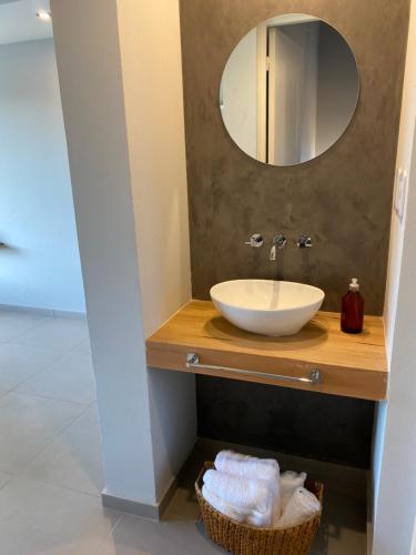 a bathroom with a sink and a mirror at Moderno departamento ruta del vino en Bosques de Mayo in Maipú