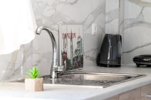 a kitchen counter with a sink and a kitchen sink at Central Apartments in Alikanas