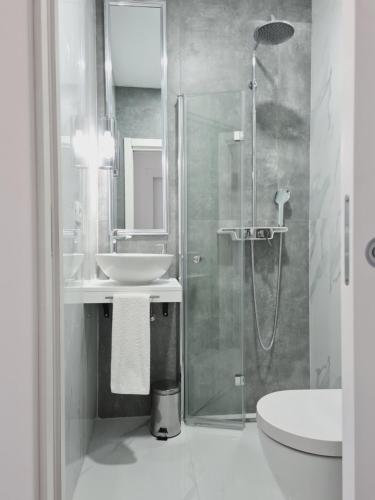 a bathroom with a glass shower and a sink at Villa M&M in Sevid