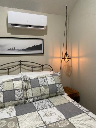 a bedroom with a bed with a air conditioner on the wall at Cottage on Shalin Circle in Woodville