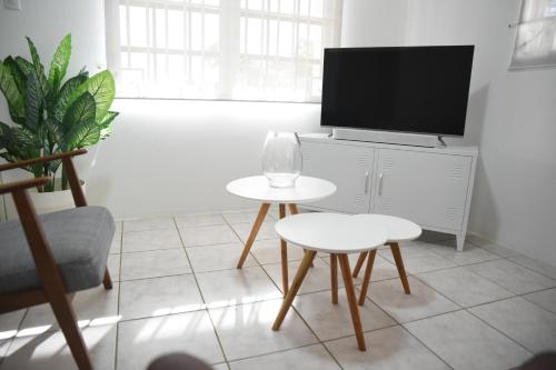 a living room with a tv and a table and chairs at FonteinZen - Home with big garden at Fontein in Willemstad