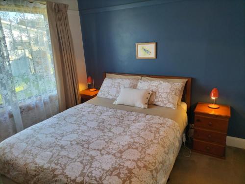 um quarto com uma cama com uma parede azul e uma janela em Room @ 88 em Devonport