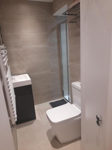 a bathroom with a toilet and a sink at Lovely Home with full en-suite double bed rooms in Reading