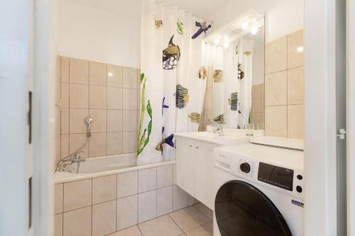 une salle de bain avec un lavabo et une machine à laver dans l'établissement Travel Homes - The Nils, Cosy & cute with Parking, à Colmar