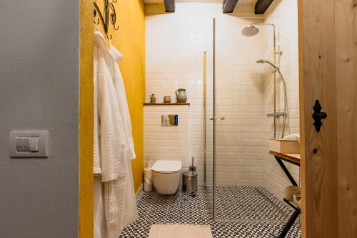 Un baño con inodoro y ducha de cristal. en ANNĂ DRAGĂ, en Colun
