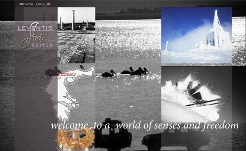 a collage of photos of a world of senses and freedom at Leventis Art Suites in Panayítsa