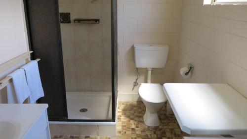 uma casa de banho com um chuveiro, um WC e uma banheira em Casual Lodge Unit 4 em Nelly Bay