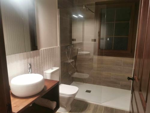 a bathroom with a sink and a toilet and a shower at La campa de FaedoTonin in Cudillero