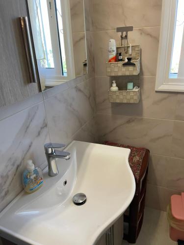 a bathroom with a white sink and a mirror at Villa Lochia - Mikrospilia House in Mikrospiliá