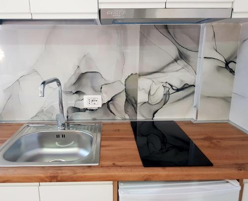eine Küchentheke mit einer Spüle und einer Mikrowelle in der Unterkunft Gray&Oli Studios in Vlorë