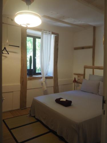 a bedroom with a bed and a window and a light at Moulin Bas, Prés de la Rivière in Carnac-Rouffiac