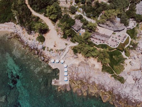 an aerial view of a beach and the ocean at Porto Valitsa in Paliouri