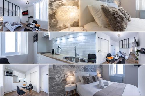 un collage de photos d'une chambre et d'un salon dans l'établissement Le Cocon Agenais - Appart'Hôtel SPA - Clim - Melina & Alfred, à Agen