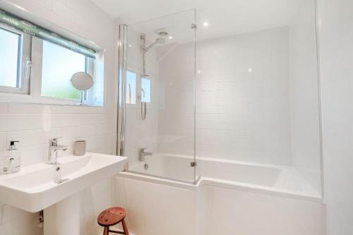 ein weißes Badezimmer mit Waschbecken und Dusche in der Unterkunft Morlan Cottage in Newport